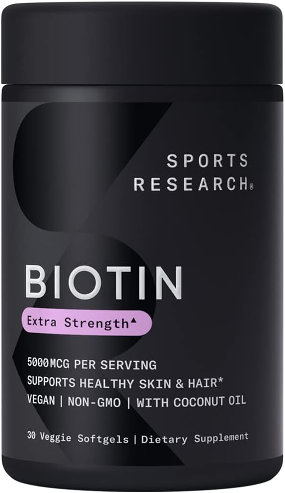 Sports Research Vegan Biotin 10,000mcg with Coconut Oil - Max Strength Biotin Vitamin B7 for Skin and Keratin Support - Non-GMO  Gluten Free, 120 Softgels (4 Month Supply)