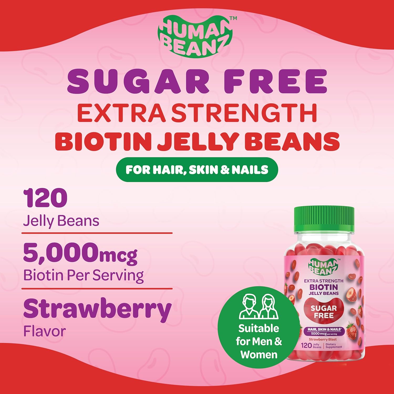 Sugar Free Biotin Jelly Bean Gummy Vitamins, 5000mcg Extra Strength Biotin for Hair, Skin, and Nails, 120 Strawberry Blast Jellybeans Vitamins for Men and Women, Kosher