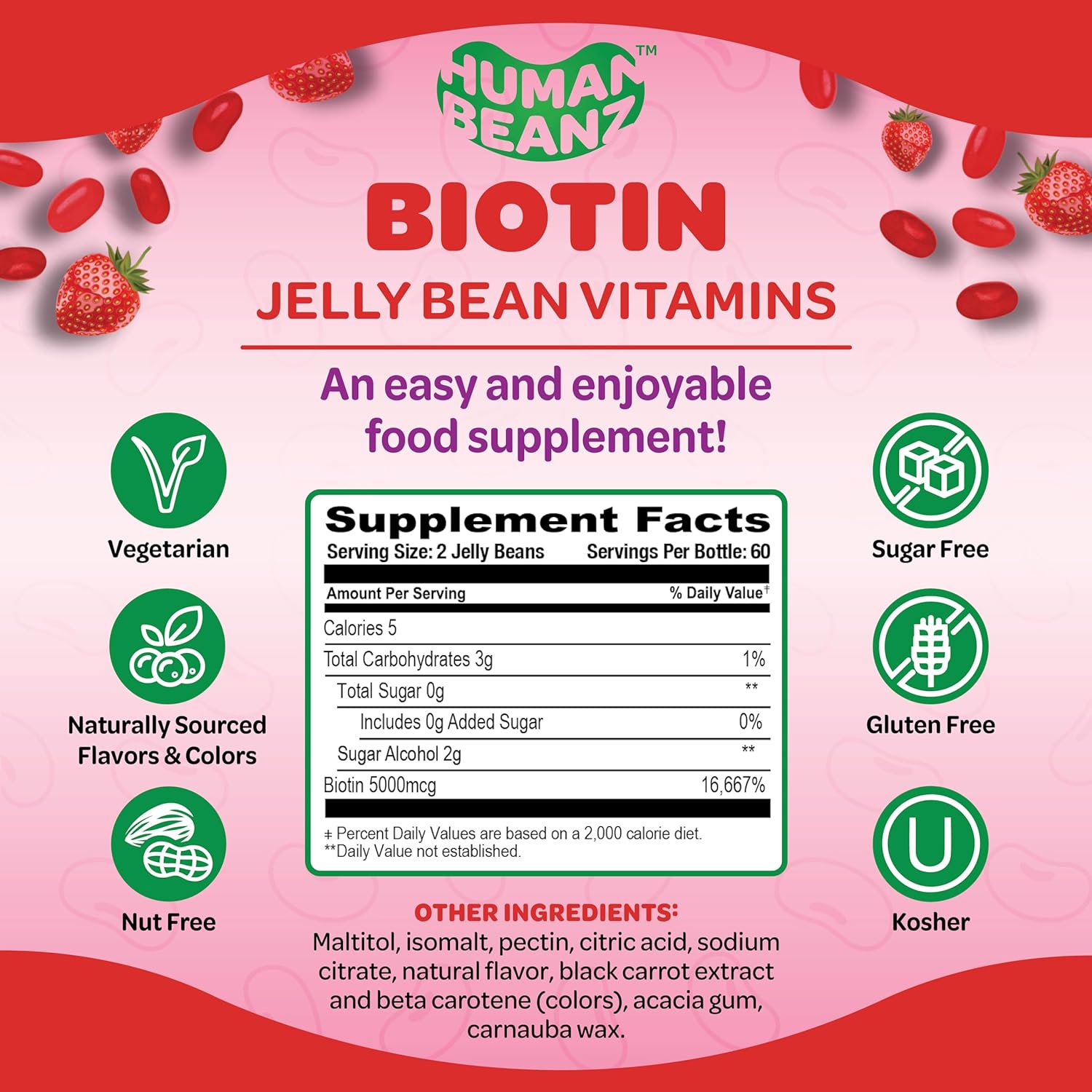 Sugar Free Biotin Jelly Bean Gummy Vitamins, 5000mcg Extra Strength Biotin for Hair, Skin, and Nails, 120 Strawberry Blast Jellybeans Vitamins for Men and Women, Kosher