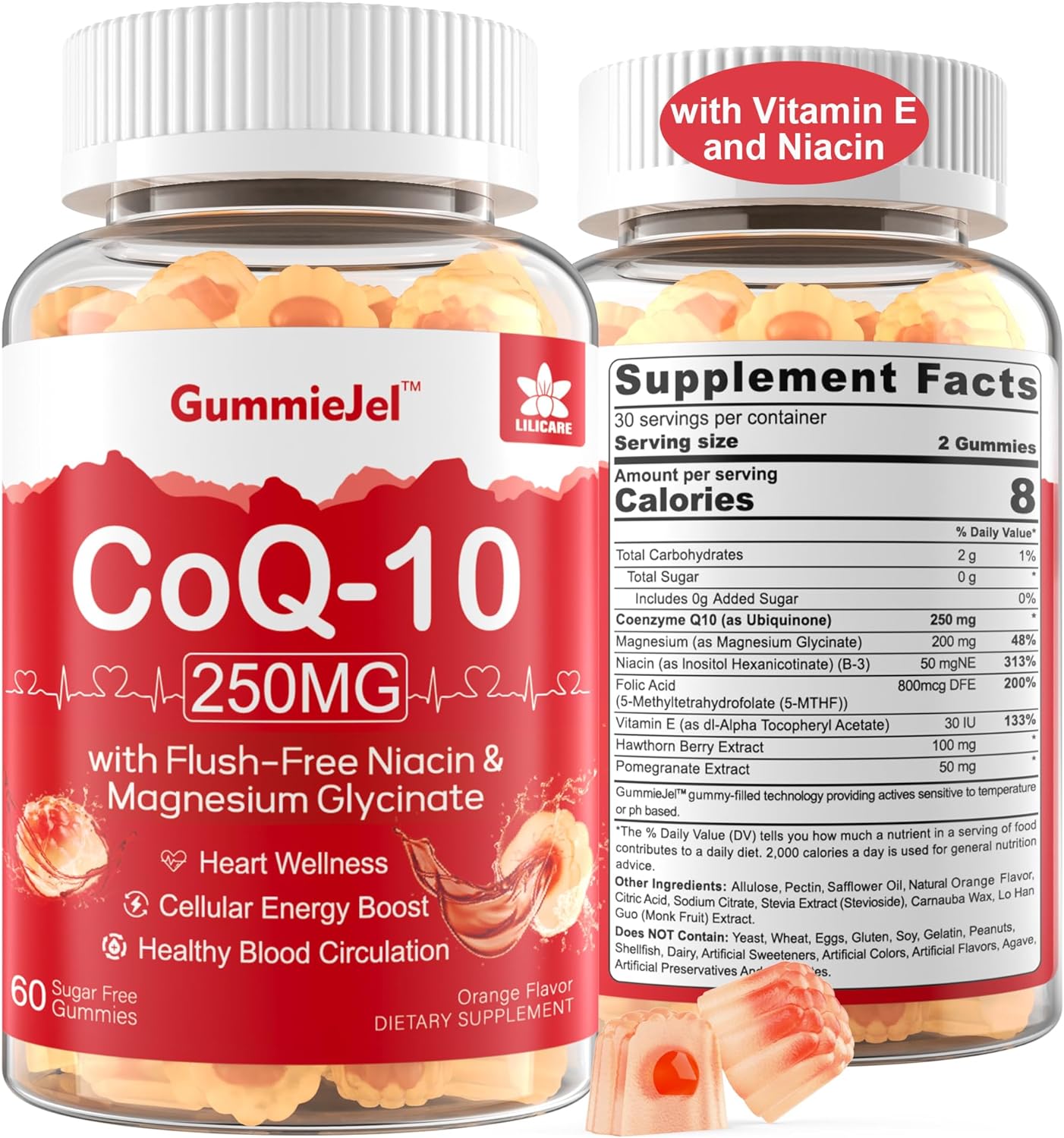 Sugar Free CoQ10 Filled Gummies 250MG, Coenzyme Q10 w/ Magnesium Glycinate, Niacin No-Flush Vitamin B3, E  Folic Acid, High Absorption CoQ10 (Ubiquinone) for Heart, Cellular Energy  Antioxidant