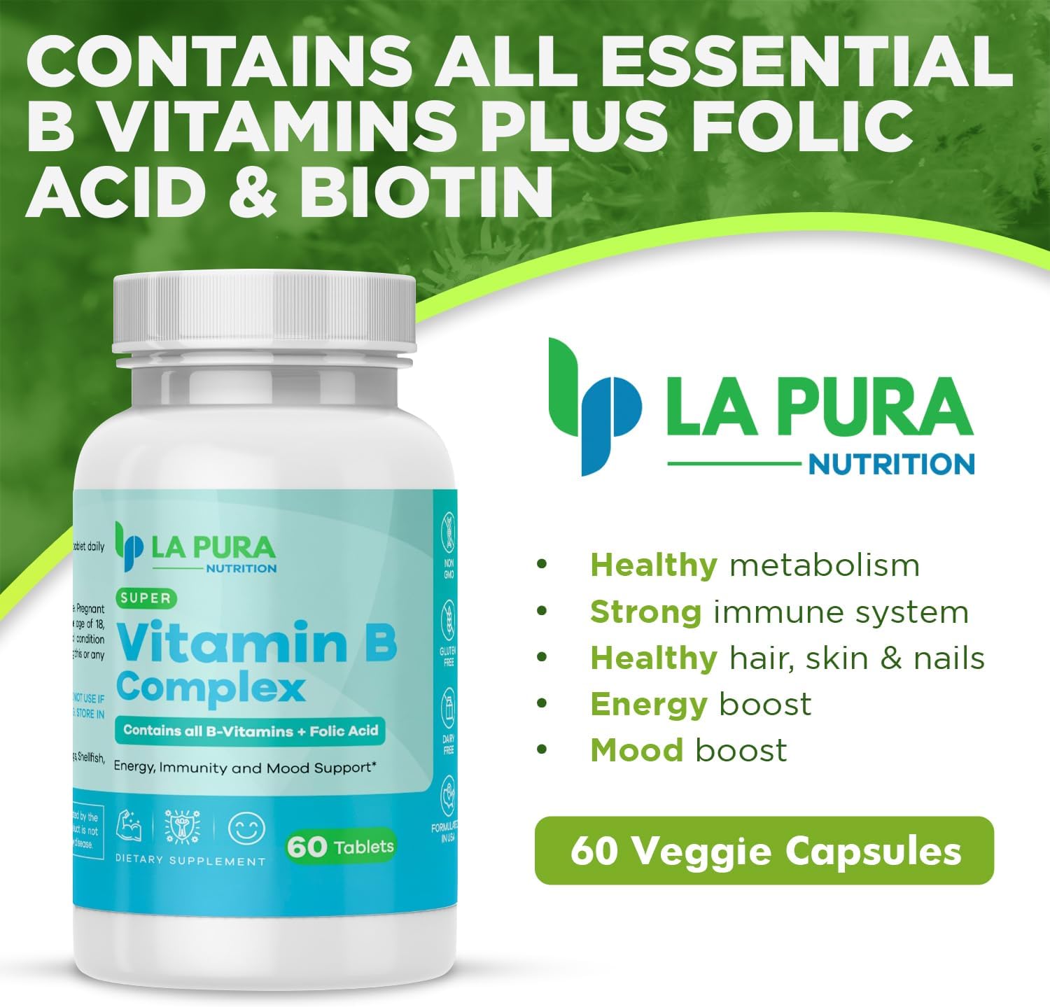 Super Vitamin B Complex with Folic Acid  Biotin, 60 Capsules – All B Vitamins Including B1, B2, B3, B5, B6, B12 for Energy, Immune  Mood Support– Non-GMO, Made in USA