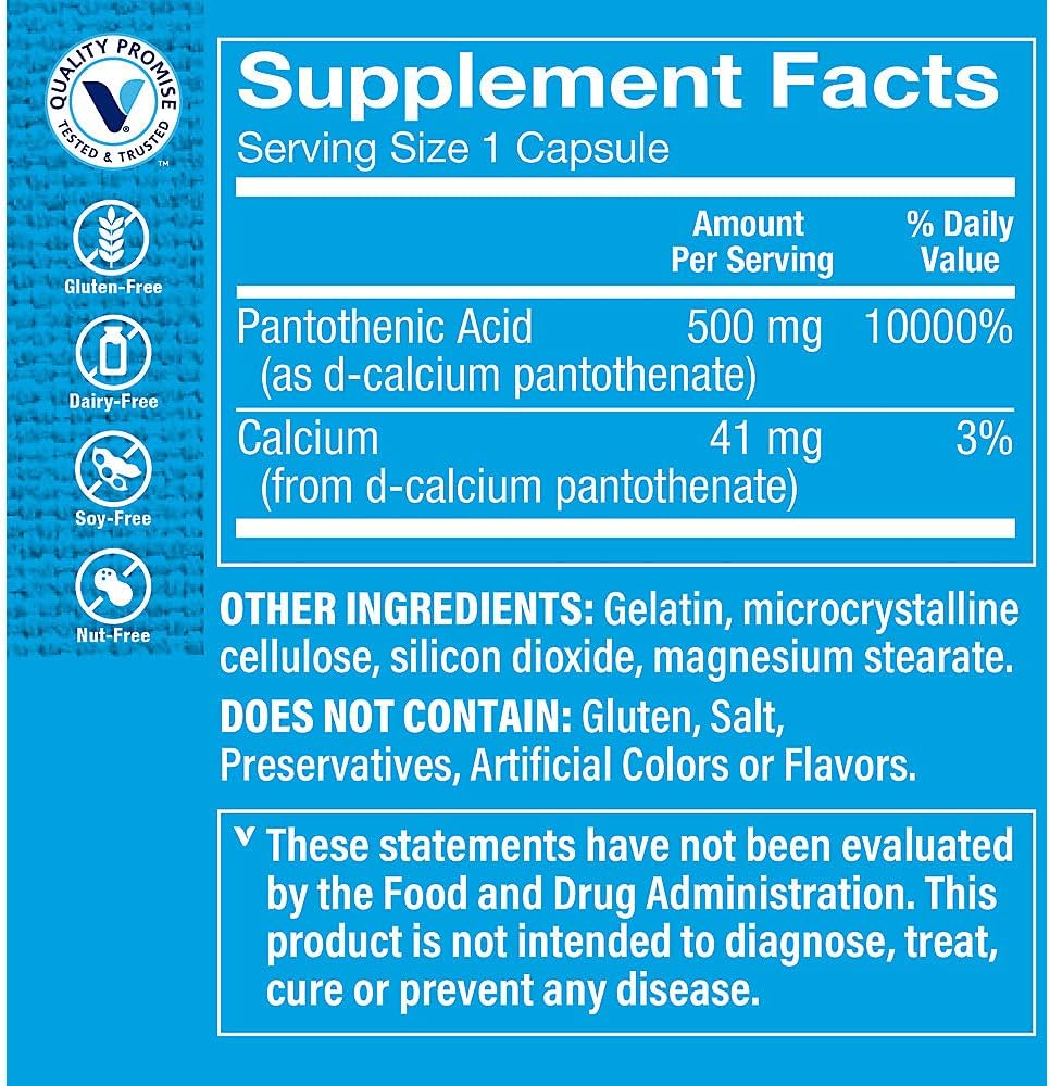 The Vitamin Shoppe Pantothenic Acid 500MG, with Vitamin B5, Supports Energy Production  Hair, Skin, Nails, Once Daily (100 Capsules)