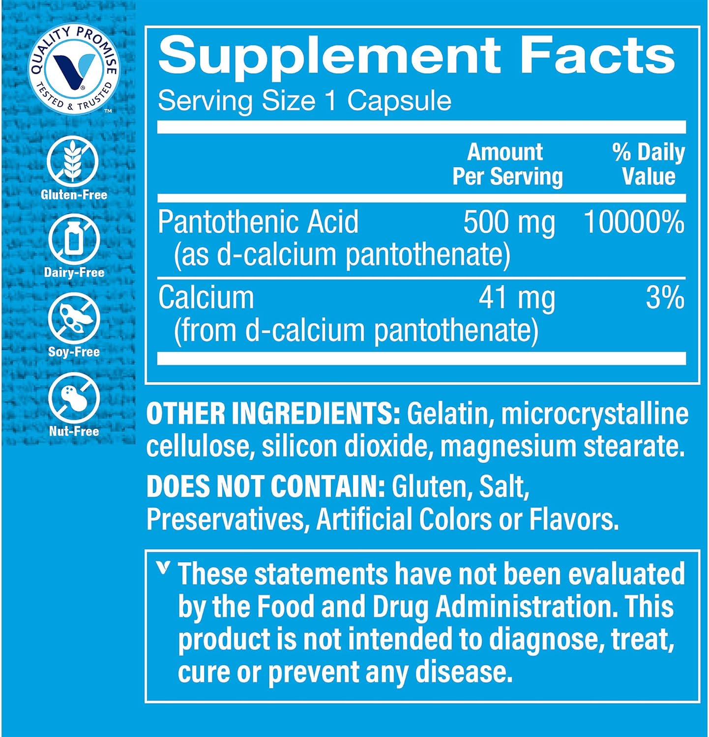 The Vitamin Shoppe Pantothenic Acid 500MG, with Vitamin B5, Supports Energy Production  Hair, Skin, Nails, Once Daily (100 Capsules)