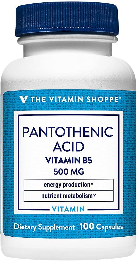 The Vitamin Shoppe Pantothenic Acid 500MG, with Vitamin B5, Supports Energy Production  Hair, Skin, Nails, Once Daily (100 Capsules)