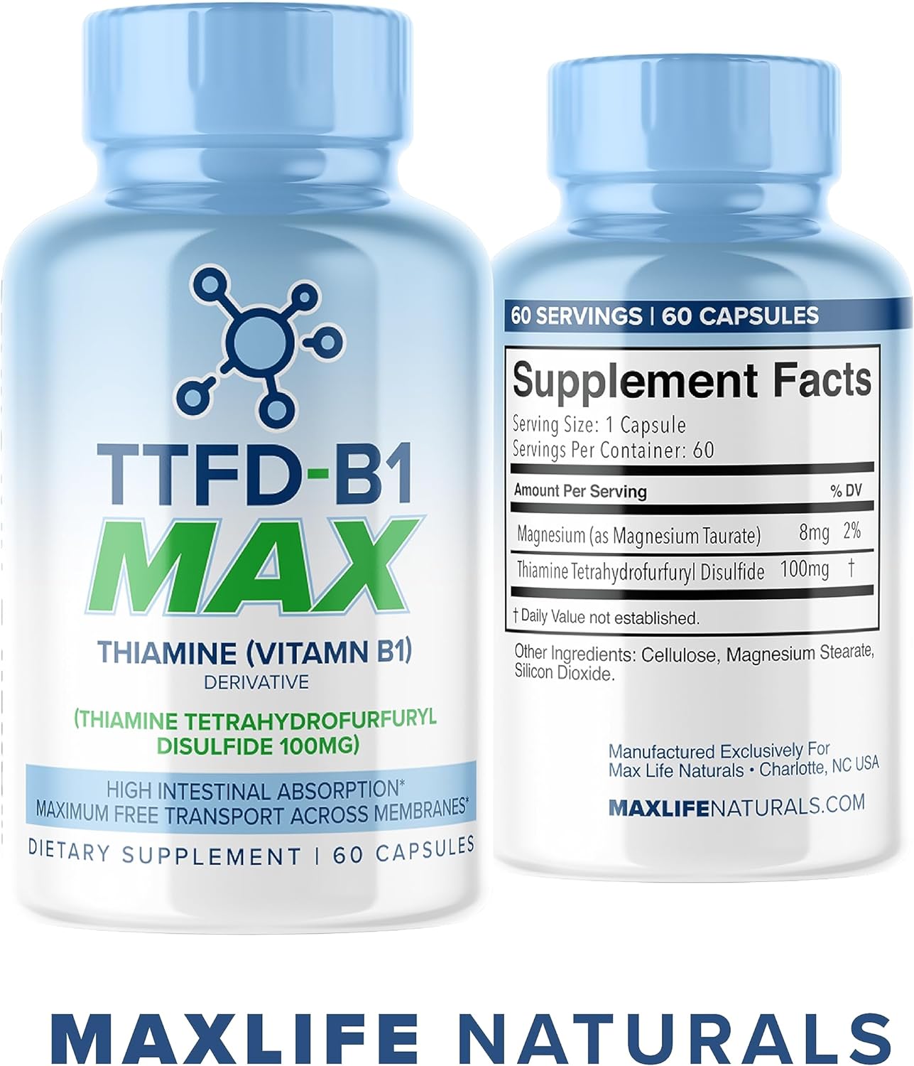 TTFD - B1 Max - Thiamine Vitamin B1 TTFD - 100mg - (Thiamine Tetrahydrofurfuryl Disulfide) Thiamine MAX, 60 Capsules by MAXLIFE NATURALS.