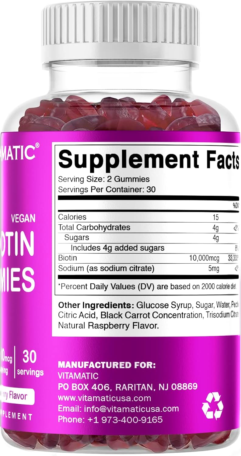 Vitamatic Biotin Gummies 10,000 mcg for Stronger Hair, Skin  Nails - 60 Vegan Gummies - Also Called Vitamin B7 (3 Bottles)