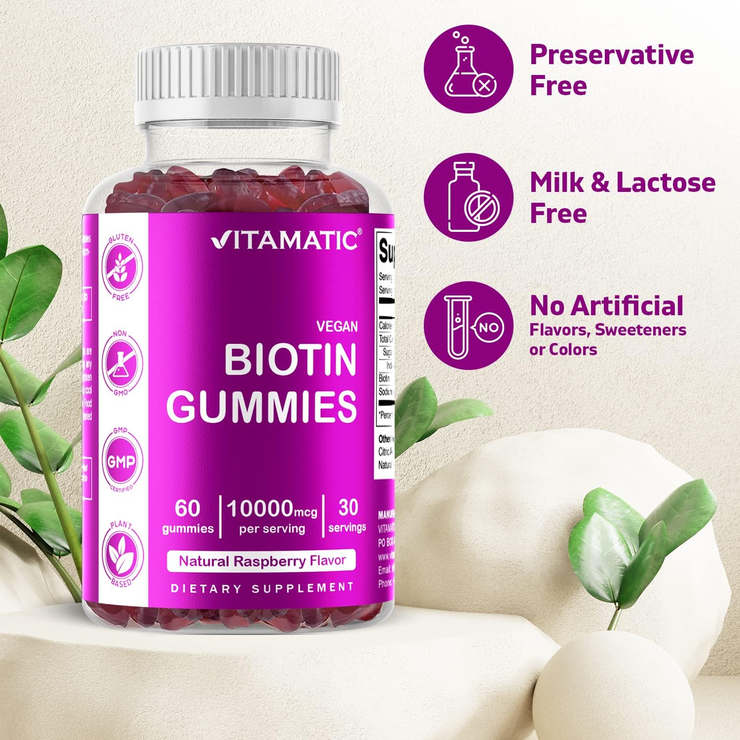 Vitamatic Biotin Gummies 10,000 mcg for Stronger Hair, Skin  Nails - 60 Vegan Gummies - Also Called Vitamin B7 (3 Bottles)