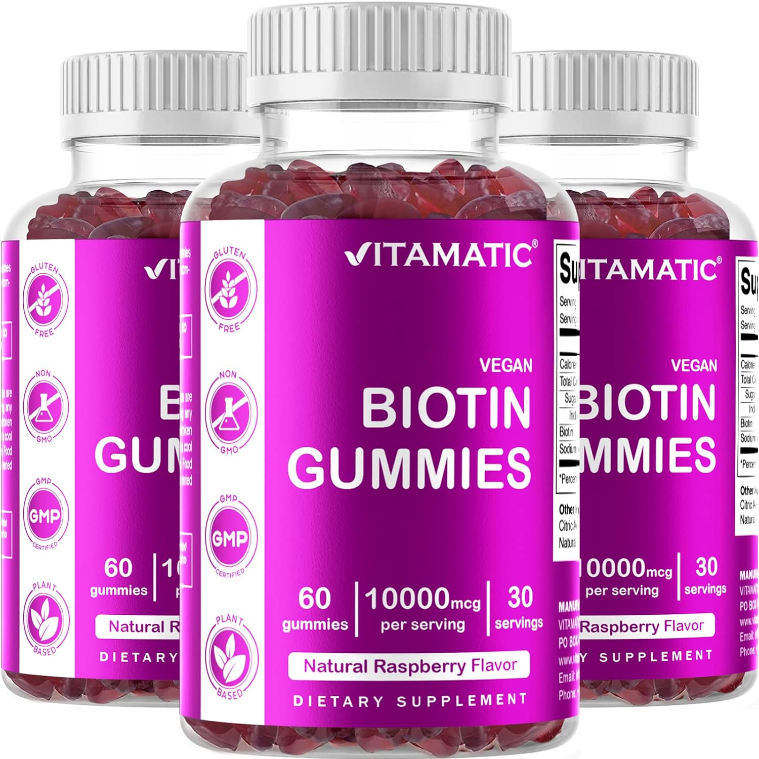 Vitamatic Biotin Gummies 10,000 mcg for Stronger Hair, Skin  Nails - 60 Vegan Gummies - Also Called Vitamin B7 (3 Bottles)