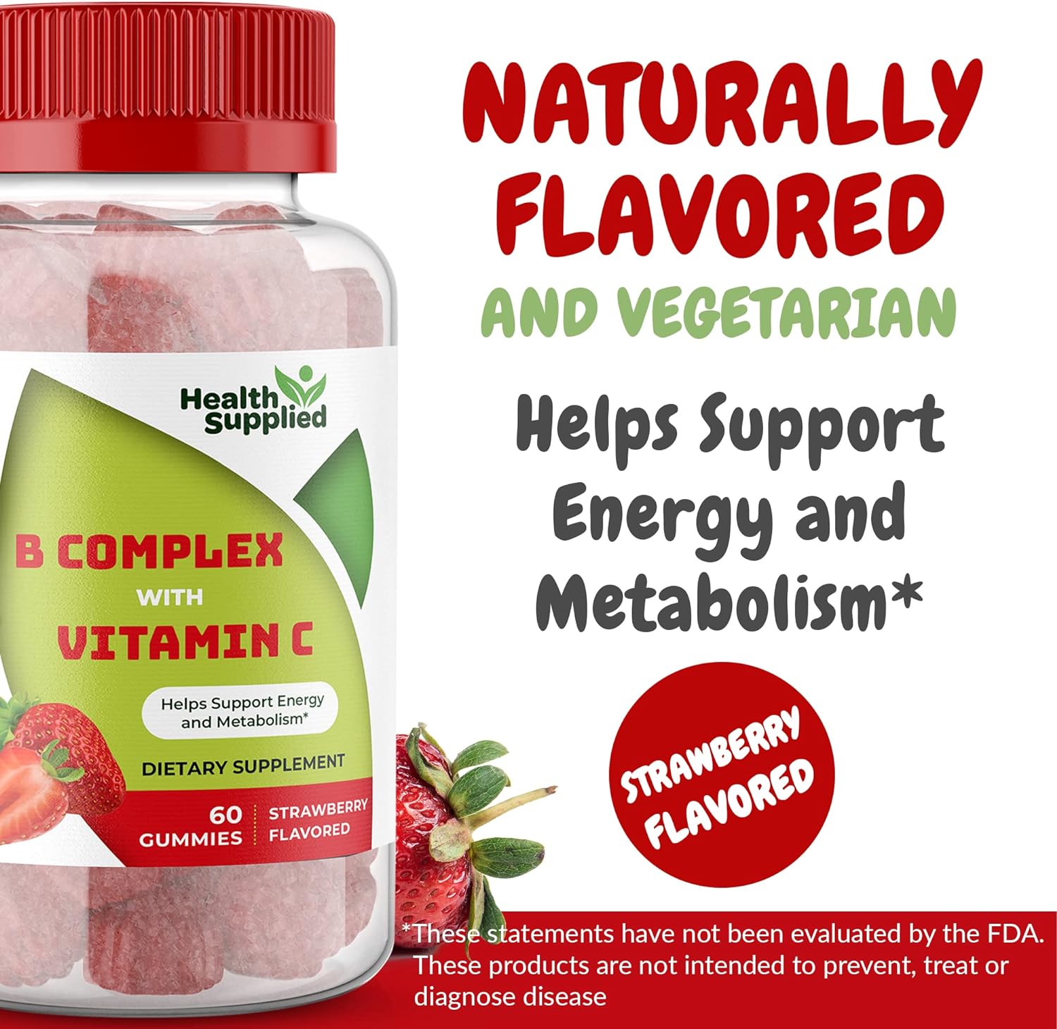 Vitamin B Complex Gummies - Vitamin C - Vitamin B6 - Vitamin B12 - Niacinamide - Folic Acid - Biotin And Calcium - Supports Energy Metabolism And Nerve System Support, Chewable Gummy Chews, Strawberry