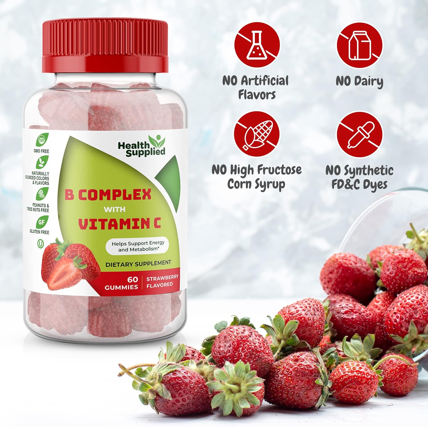 Vitamin B Complex Gummies - Vitamin C - Vitamin B6 - Vitamin B12 - Niacinamide - Folic Acid - Biotin And Calcium - Supports Energy Metabolism And Nerve System Support, Chewable Gummy Chews, Strawberry