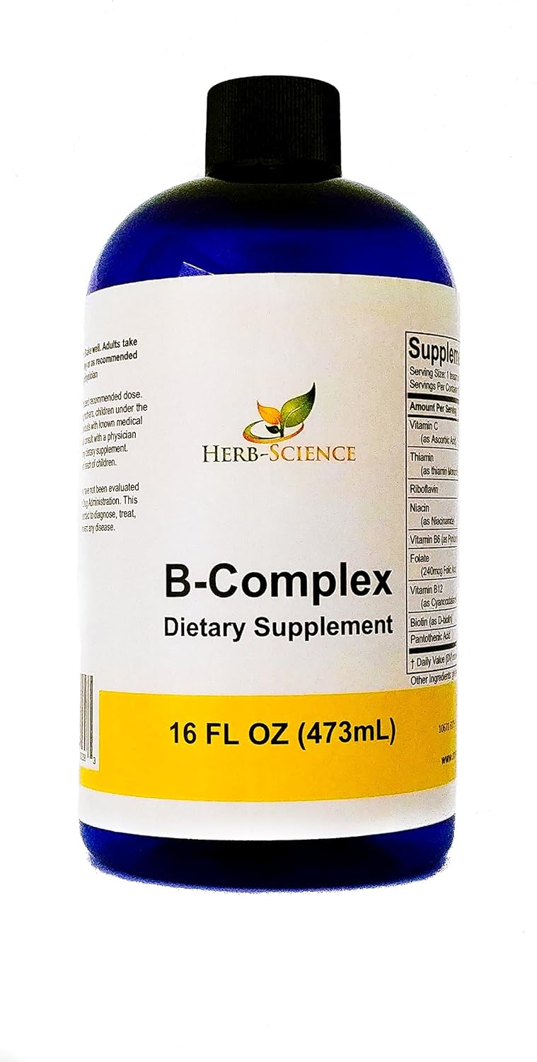 Vitamin B-Complex,Super B Complex Vitamins with Vitamin C Liquid, 16 oz - All B Vitamins Including B1, B2, B3, B5, B6, B7, B9, B12, Folic Acid, Niacin, Biotin, Alcohol-Free - Herb-Science