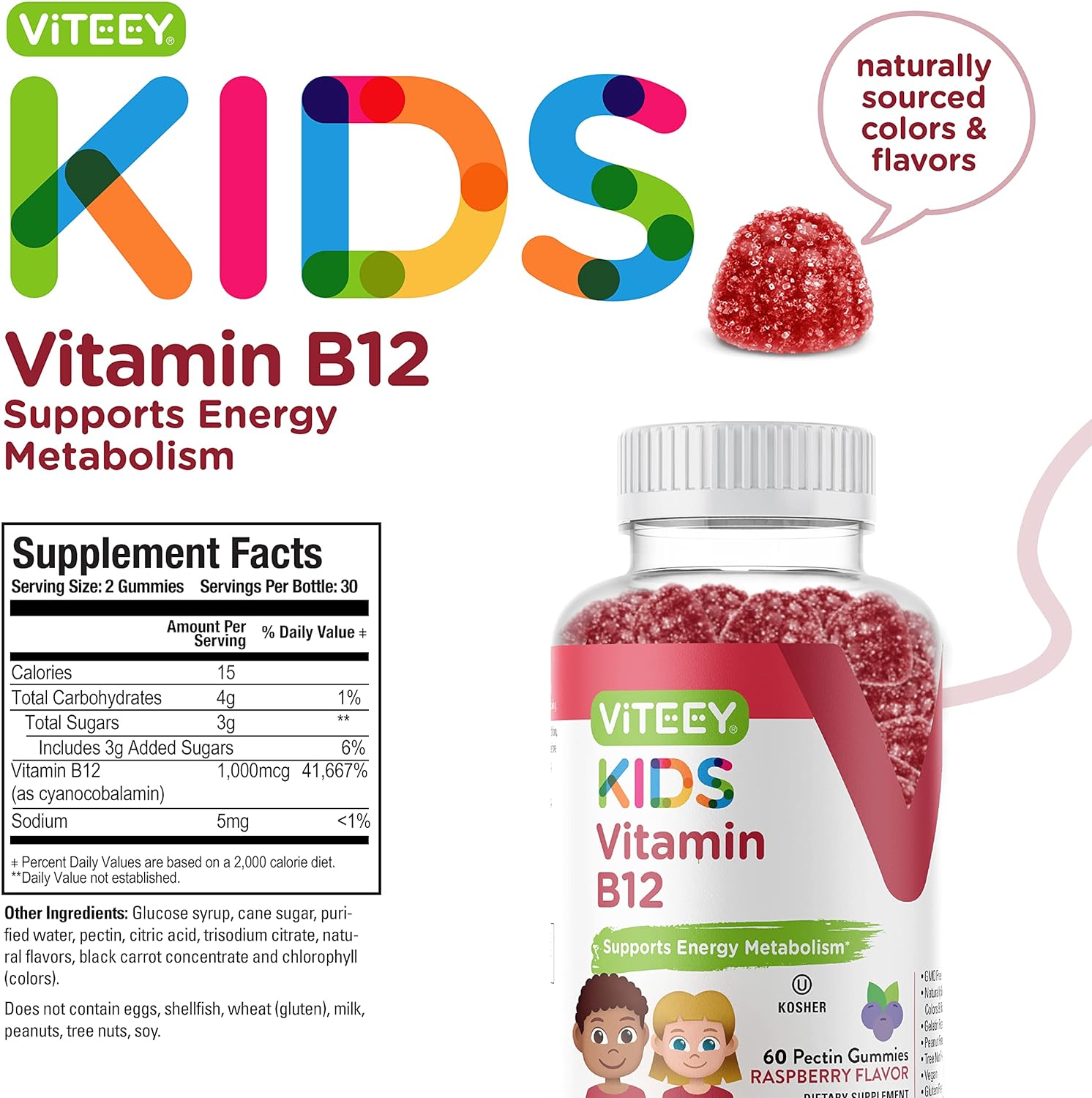 Vitamin B12 Gummies for Kids 1000mcg - Metabolism, Natural Energy Support -Vegan, Gluten Free, Gelatin Free, Non GMO, Kosher - for Teens  Kids - Tasty Chewable Raspberry Flavored Gummies