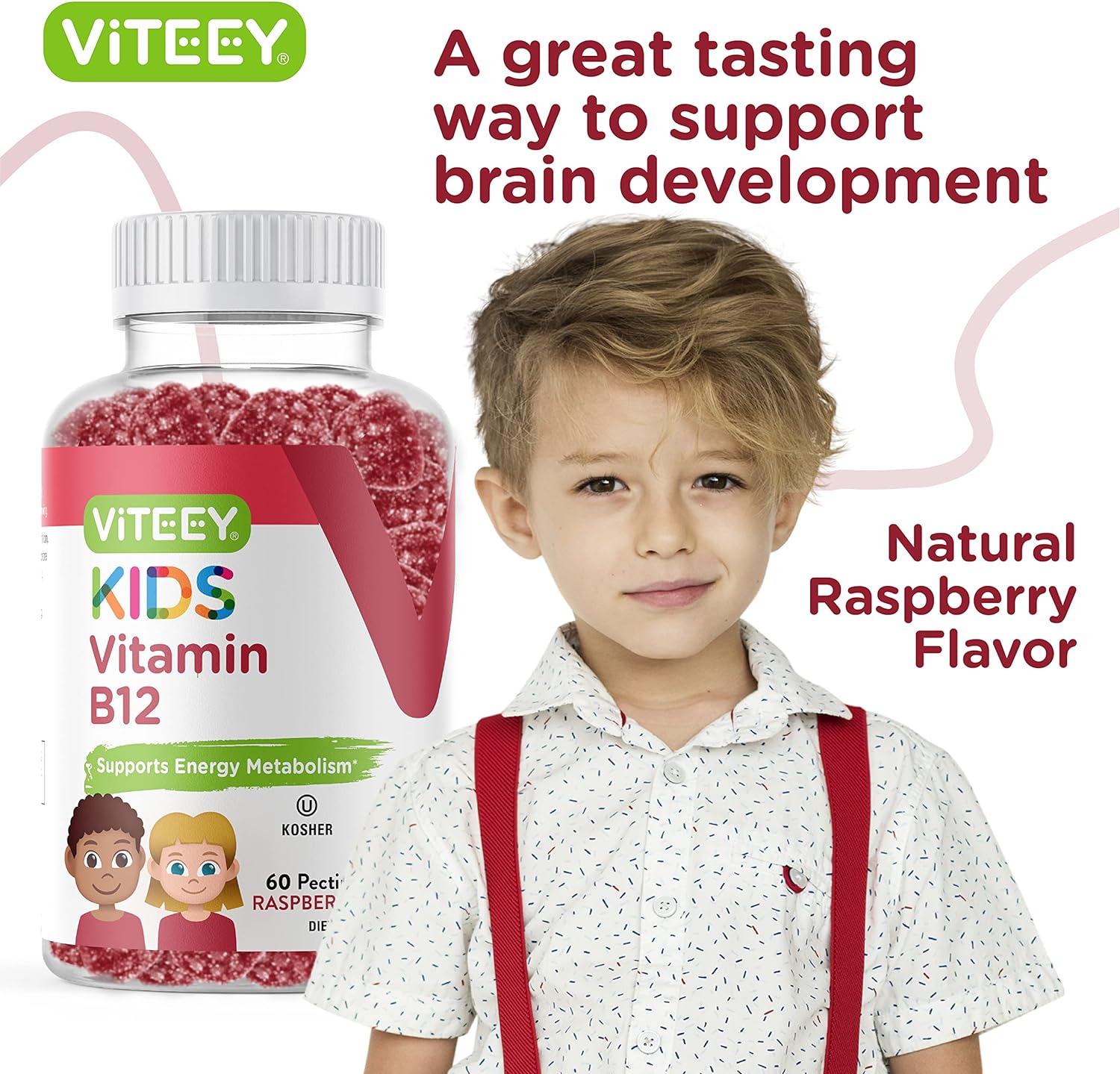 Vitamin B12 Gummies for Kids 1000mcg - Metabolism, Natural Energy Support -Vegan, Gluten Free, Gelatin Free, Non GMO, Kosher - for Teens  Kids - Tasty Chewable Raspberry Flavored Gummies
