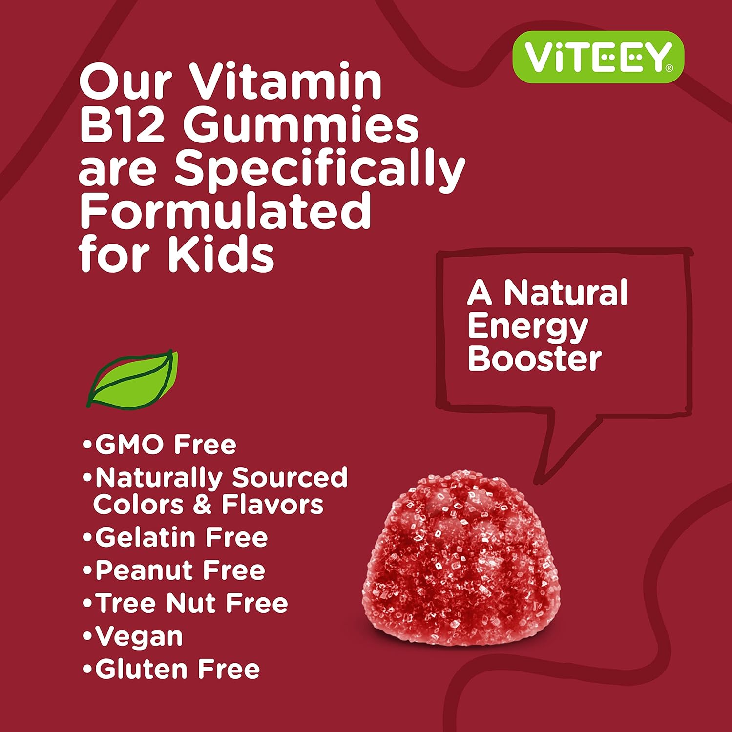 Vitamin B12 Gummies for Kids 1000mcg - Metabolism, Natural Energy Support -Vegan, Gluten Free, Gelatin Free, Non GMO, Kosher - for Teens  Kids - Tasty Chewable Raspberry Flavored Gummies