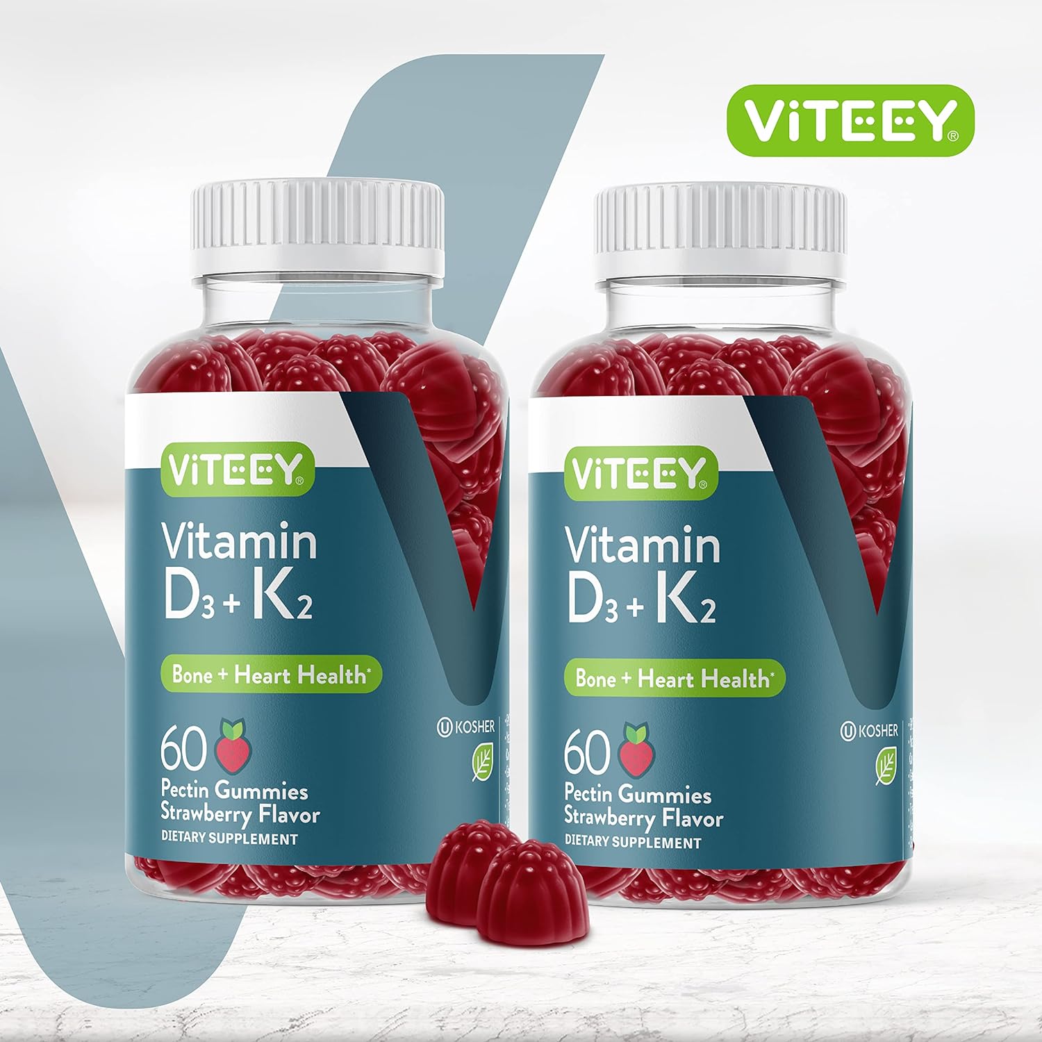 Vitamin D3 + K2 Gummies - 1000 IU Vitamin D3 + 100 mcg Vitamin K2 - Bone  Heart Health for Adults and Teens - Vegetarian, Gluten Free, Gelatin Free  Non GMO - Chewable Strawberry Flavored Gummies