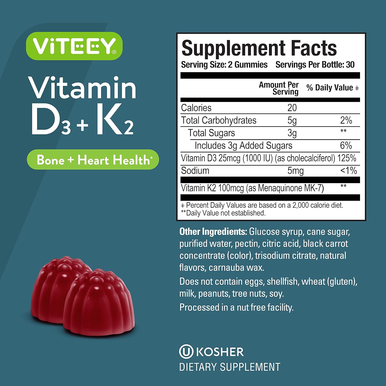 Vitamin D3 + K2 Gummies - 1000 IU Vitamin D3 + 100 mcg Vitamin K2 - Bone  Heart Health for Adults and Teens - Vegetarian, Gluten Free, Gelatin Free  Non GMO - Chewable Strawberry Flavored Gummies