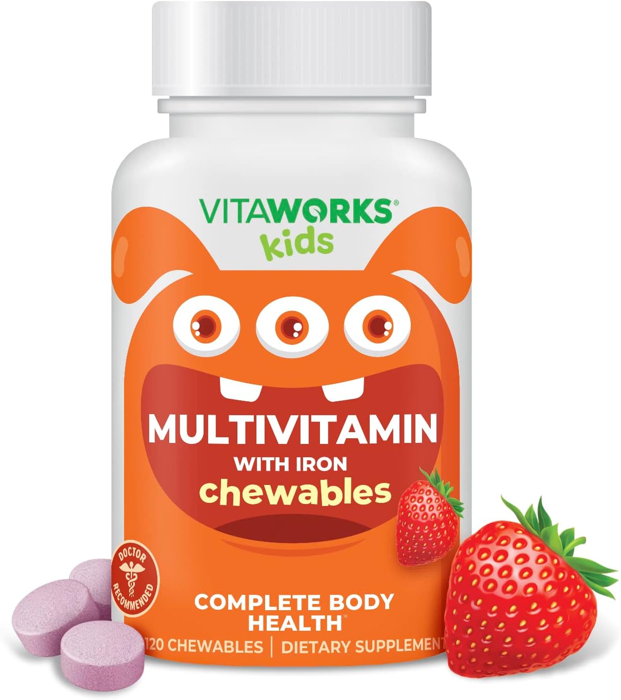 VitaWorks Kids Multivitamin with Iron  Minerals Chewable Tablets - Mixed Fruit Flavor - Vegetarian, GMO-Free, Nut Free - Dietary Supplement - Digestive Support for Children - 120 Chewables,