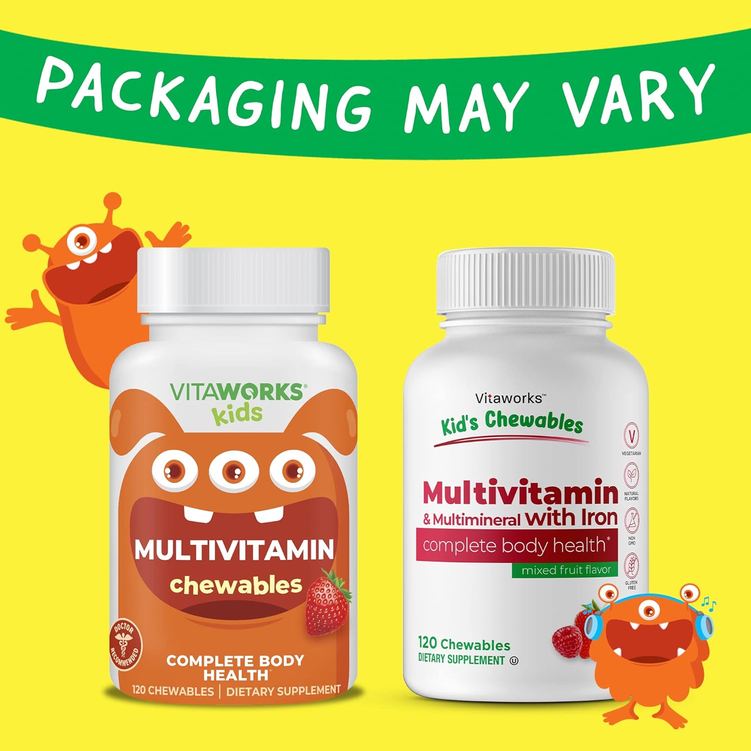 VitaWorks Kids Multivitamin with Iron  Minerals Chewable Tablets - Mixed Fruit Flavor - Vegetarian, GMO-Free, Nut Free - Dietary Supplement - Digestive Support for Children - 120 Chewables,