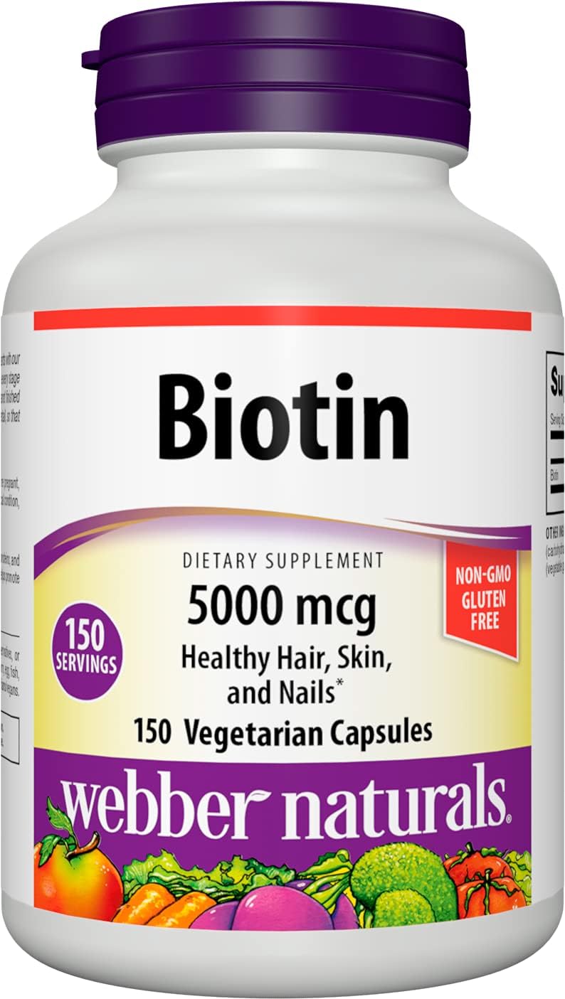 Webber Naturals Biotin 5,000 mcg, 150 Capsules, Supports Healthy Hair, Skin  Nails, Energy Metabolism, Vitamin Supplement, Gluten Free, Non-GMO, Suitable for Vegetarians and Vegans