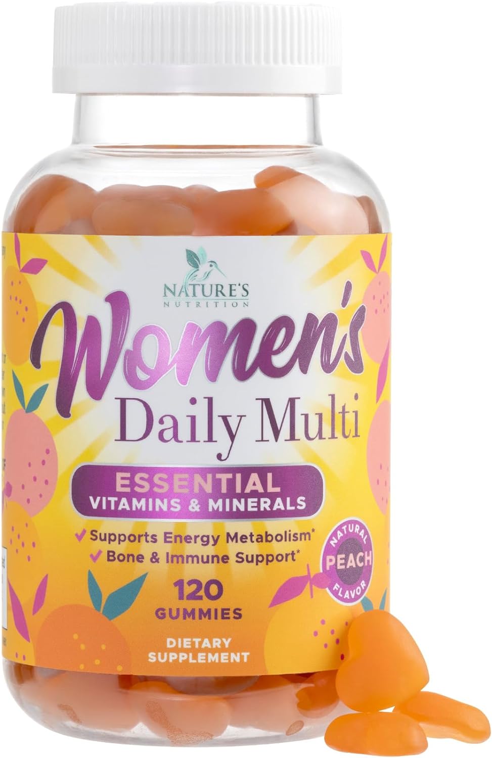 Womens Multivitamin Gummies, Daily Multi Vitamin Gummy for Women with Vitamins A, C, D, E, B-6, B-12, Biotin, Folic Acid, Calcium,  Zinc, Natures Immune Health Support, Peach Flavored - 60 Gummies