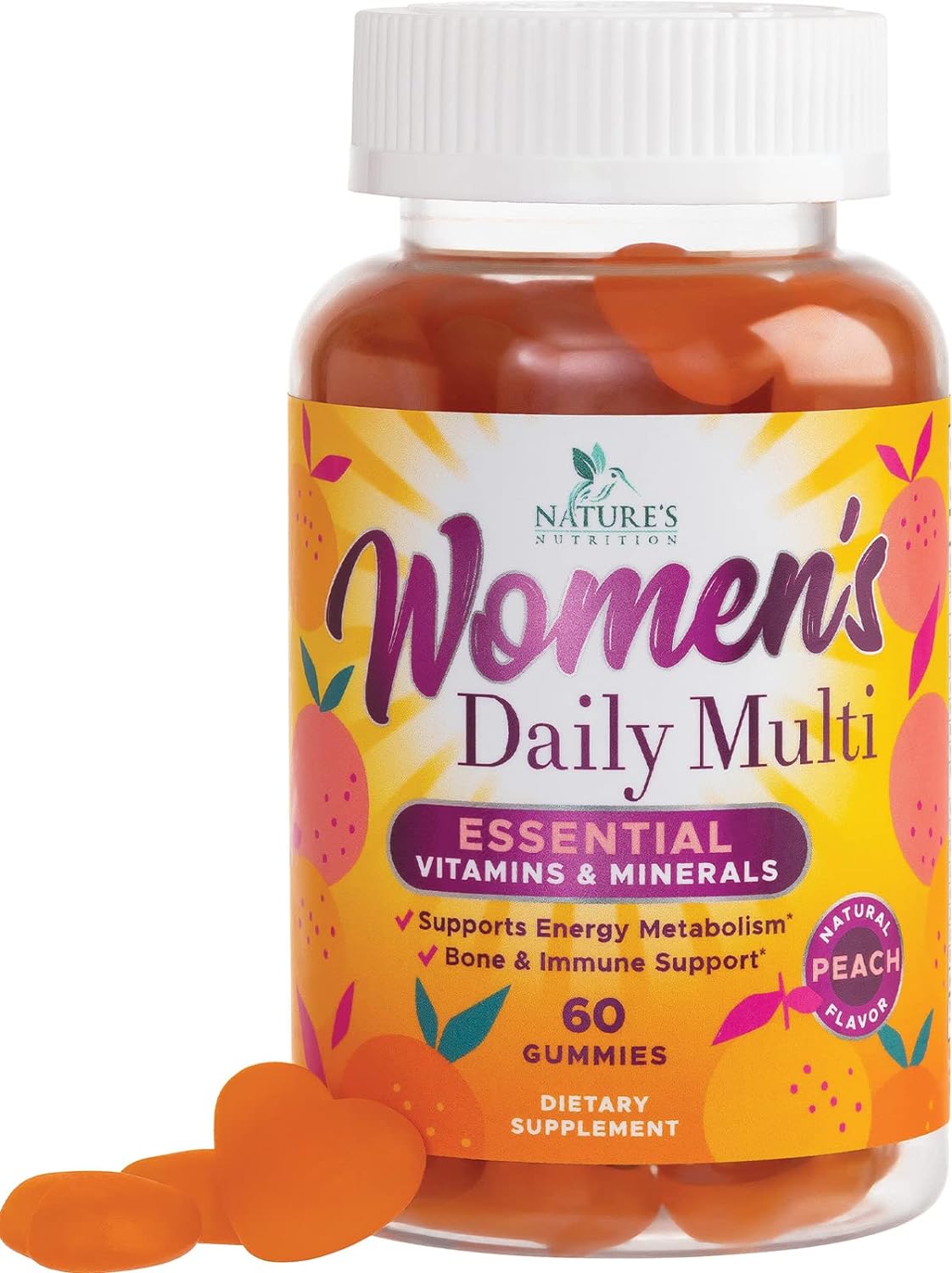 Womens Multivitamin Gummies, Daily Multi Vitamin Gummy for Women with Vitamins A, C, D, E, B-6, B-12, Biotin, Folic Acid, Calcium,  Zinc, Natures Immune Health Support, Peach Flavored - 60 Gummies